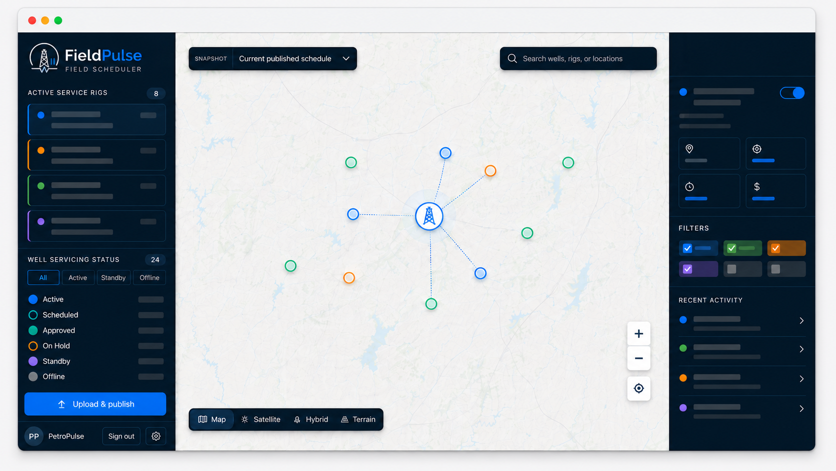 FieldPulse map-based scheduling interface showing a simplified oilfield operations map.